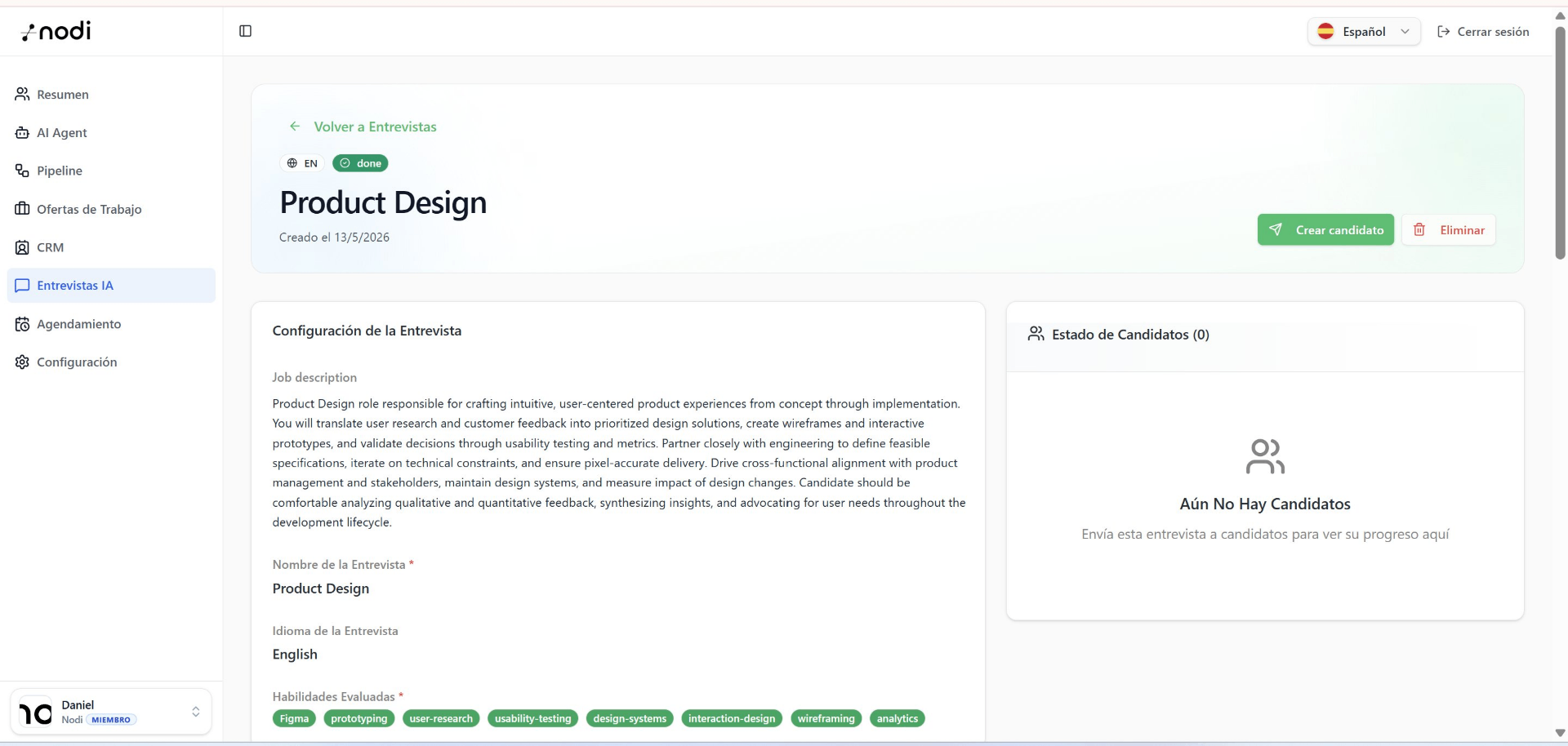 Nodi: configuración de entrevista IA para Product Design con job description, habilidades evaluadas y estado de candidatos
