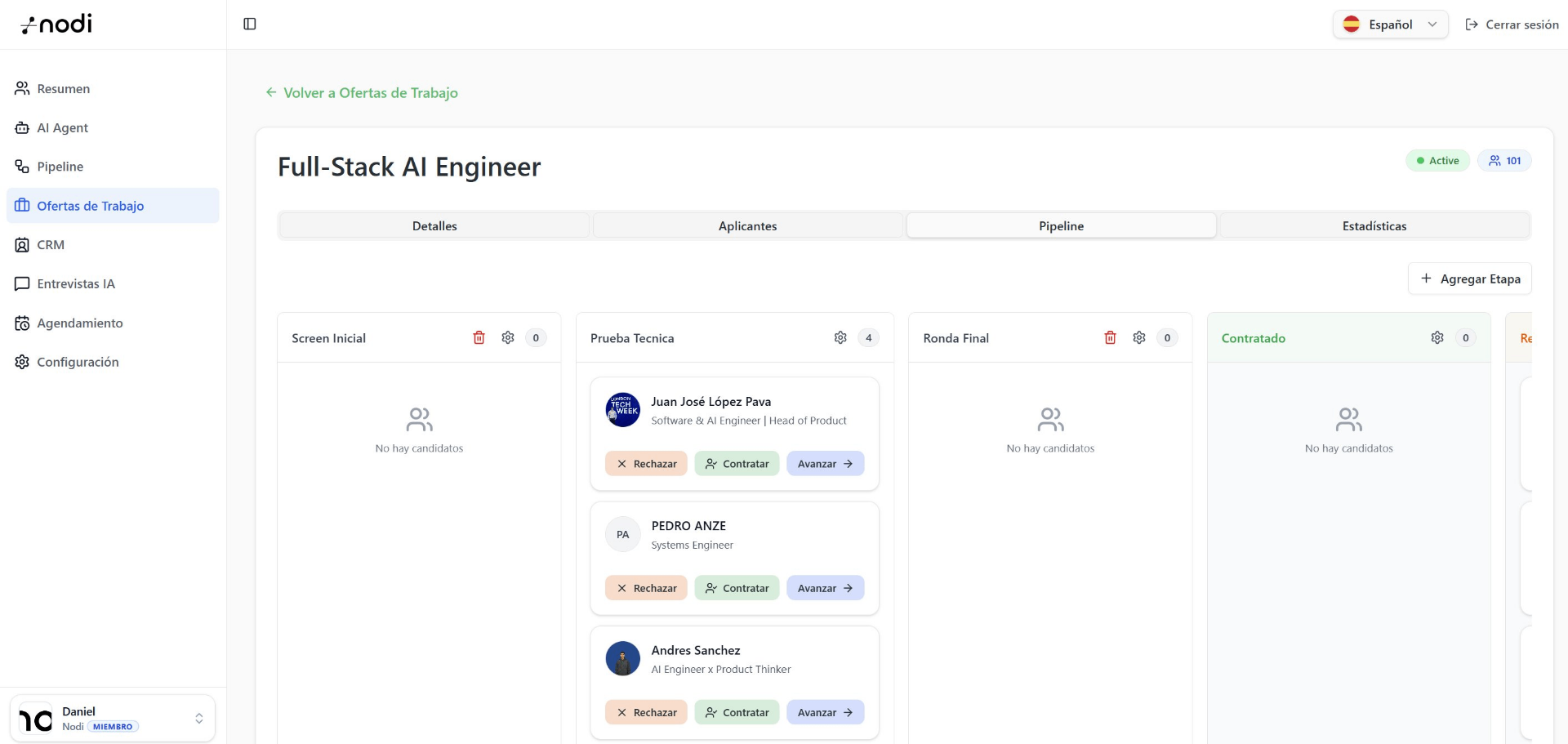 Nodi: pipeline kanban de Full-Stack AI Engineer con etapas Screen Inicial, Prueba Técnica, Ronda Final y Contratado